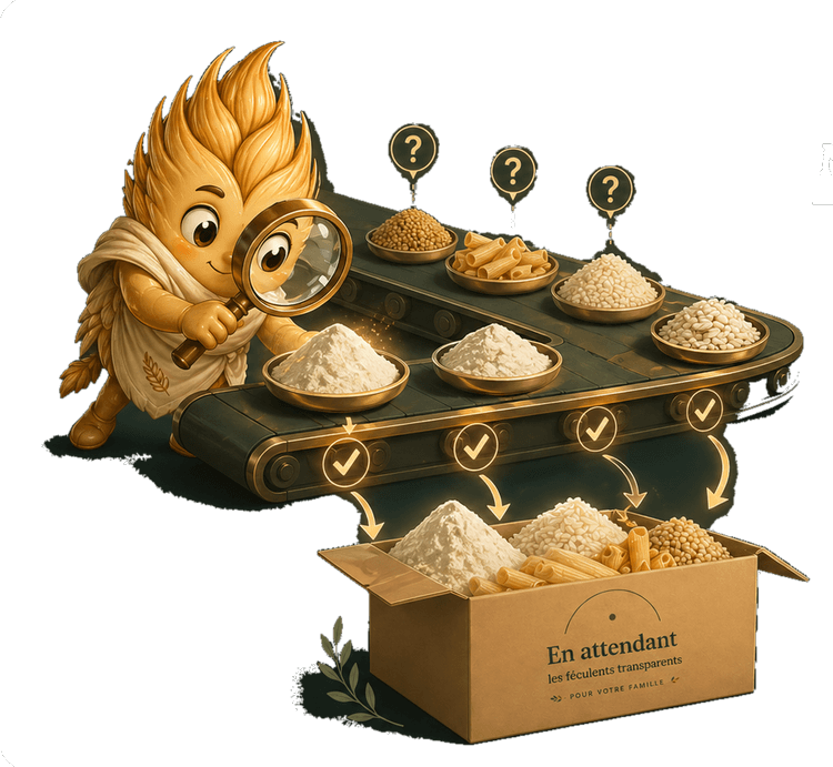 Mascot examining stacks of cereals and starches with a magnifying glass before they enter the En attendant box