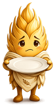 Mascot holding an empty plate with a sad expression