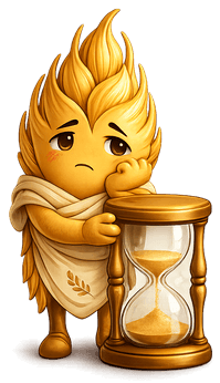 Mascot waiting bored, leaning on an hourglass