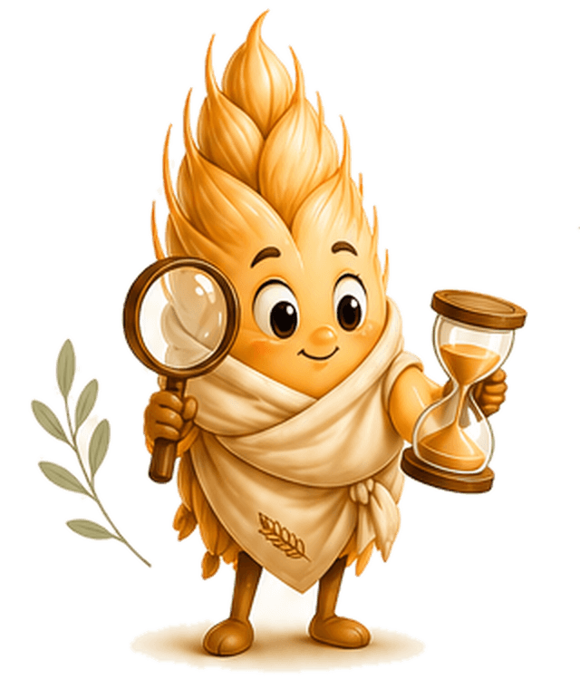 En attendant mascot: a wheat stalk holding a magnifying glass and an hourglass